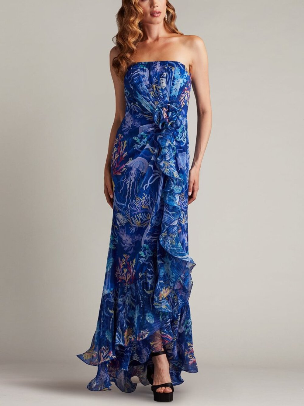 Tadashi Shoji Morwenna Oceanic Print Ruffle Gown